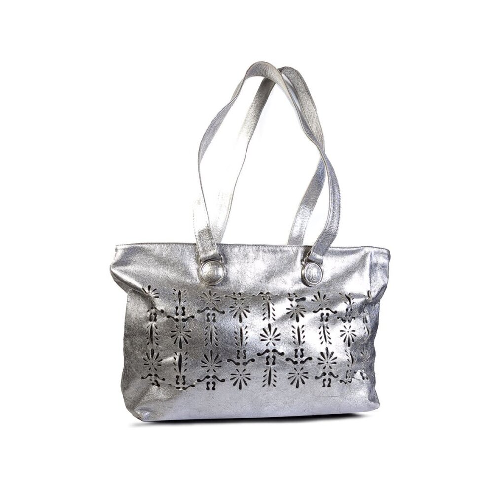 Vintage Gianni Versace Medusa Tote Silver Lambskin Lasercut Zip Top Bag